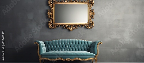 In a modern studio there is a blue fabric sofa and an antique mirror with a frame on a gray background This copy space image showcases furniture and accessories for sale