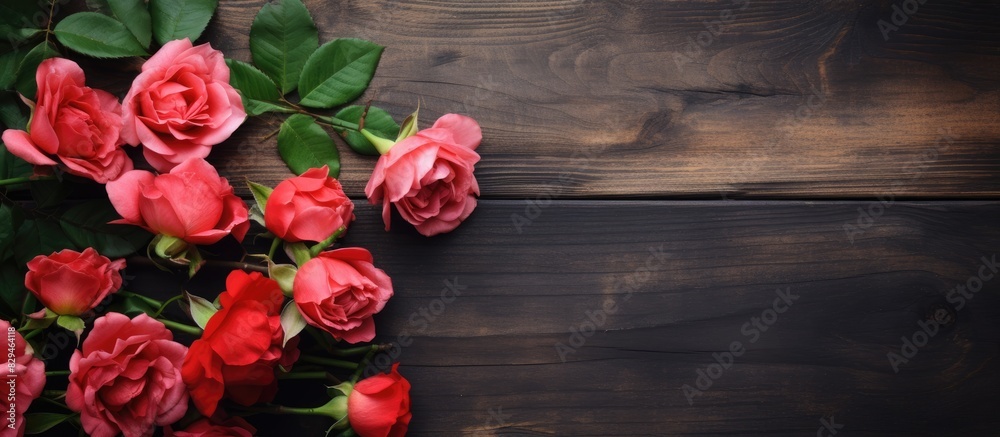 The copy space image features a beautiful arrangement of roses against a rustic wooden backdrop