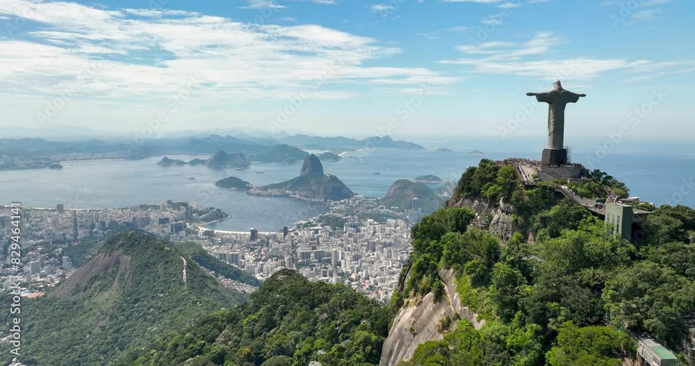 Aerial panorama of Rio de Janeiro, city wide angle view, Sugarloaf Mountain in background, Brazil