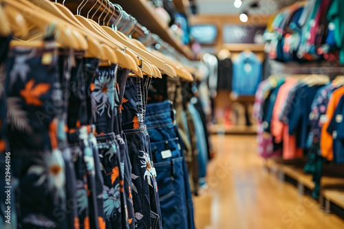 clothing store with pants hanging on hangers, outdoor pants for hiking and trekking in stock in the background. Wearing trousers or jeans at a shopping center
