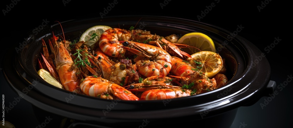 A copy space image of garlic prawns cooked in a crock pot presented on a white background A copy space image of garlic prawns cooked in a crock pot presented on a white background