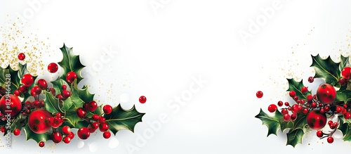 White background with a Christmas ornament border featuring holly berries and copy space image