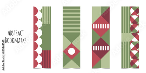 Rectangular bookmarks set with abstract colorful geometric decorative elements.Bookmarks prints templates for reading. Minimalistic design. Green and red texture. Isolated on white background.