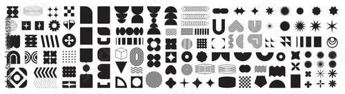 Brutalist abstract geometric shapes and grids. Bauhaus Minimalist Graphic Design Elements. Figure star oval spiral flower and other primitive elements