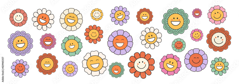Groovy flower cartoon characters. Funny happy daisy with eyes and smile. Retro chamomile smiles in cartoon style. Happy stickers set from 70s Groovy flower cartoon characters. Funny happy daisy with eyes and smile. Retro chamomile smiles in cartoon style. Happy stickers set from 70s