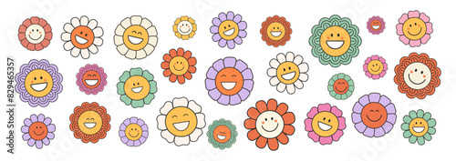 Groovy flower cartoon characters. Funny happy daisy with eyes and smile. Retro chamomile smiles in cartoon style. Happy stickers set from 70s