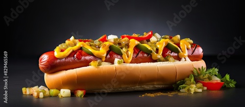 Grey background with a delicious hot dog as the main focus in the composition creating space for copying an image photo