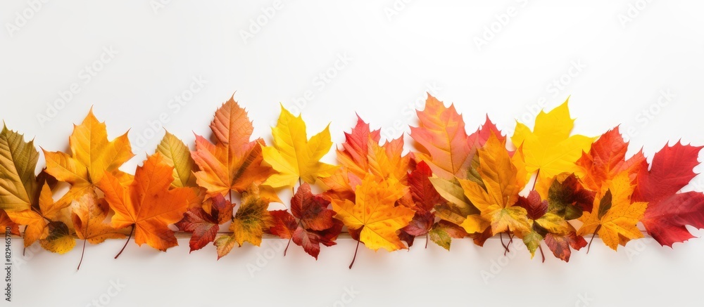 Obraz premium A copy space image showcasing a fall arrangement of leaves on a blank white backdrop