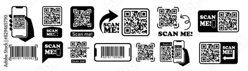 QR code scan icon with smartphone. Scan me phone tag. Quick response code or QR code set for smartphone. QR code for mobile app, payment and website.