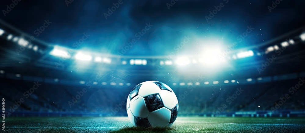 Naklejka premium An illuminated soccer ball representing tradition shines brightly under the stadium lights leaving room for copy space image