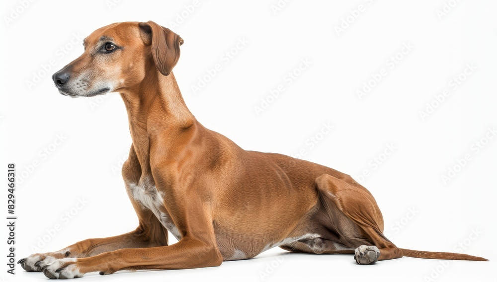 Captured in profile, this Azawakh lies down with a relaxed yet dignified posture, displaying the breed's slender frame and the serene expression characteristic of these African sighthounds. Captured in profile, this Azawakh lies down with a relaxed yet dignified posture, displaying the breed's slender frame and the serene expression characteristic of these African sighthounds.
