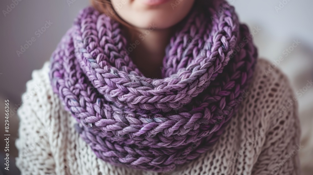 A close-up of a person wearing a purple knitted scarf and a white knitted sweater Another woman is seen wearing a white sweater and a matching purple knitted scarf A close-up of a person wearing a purple knitted scarf and a white knitted sweater Another woman is seen wearing a white sweater and a matching purple knitted scarf