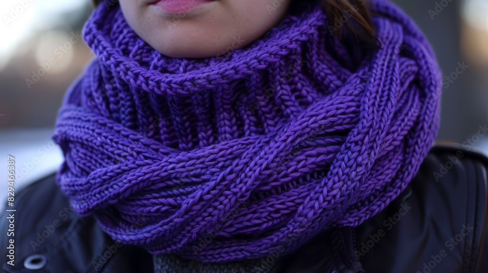 A close-up of a woman wearing a purple knitted scarf Beside her, a black leather jacket is slung over her shoulders A close-up of a woman wearing a purple knitted scarf Beside her, a black leather jacket is slung over her shoulders