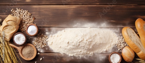 Top view of ingredients and baking tools for homemade bread with copy space image