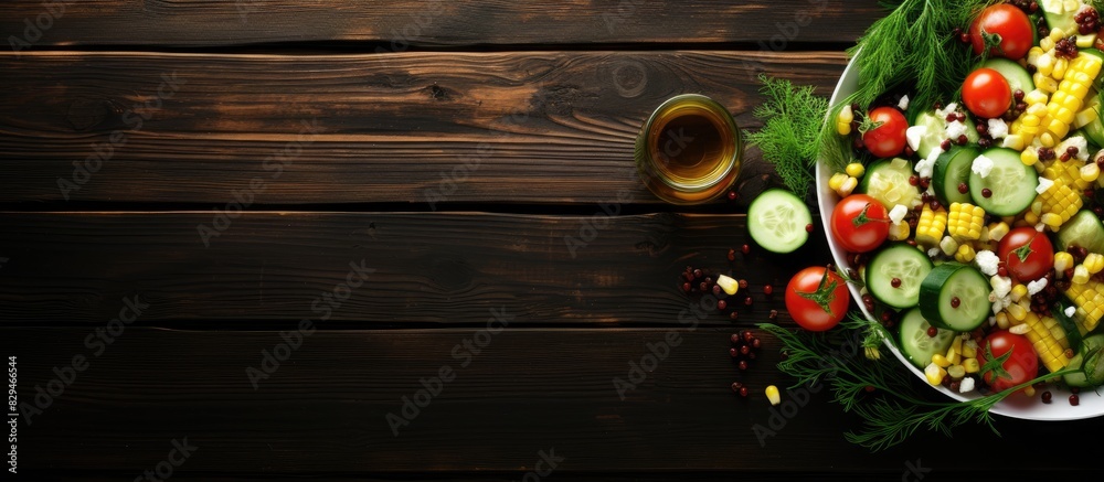 On a dark wooden background there is a top view of a vegetarian salad The salad mix includes cucumber dill croutons cheddar cheese corn pomegranate and chia seeds all drizzled with olive oil Copy spa On a dark wooden background there is a top view of a vegetarian salad The salad mix includes cucumber dill croutons cheddar cheese corn pomegranate and chia seeds all drizzled with olive oil Copy spa