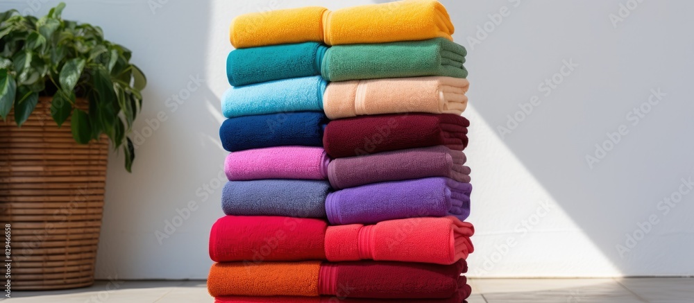 Closeup copy space image of a stack of vibrant clean bath towels made from colorful cotton Terry textile neatly piled on a wooden chair next to a white wall