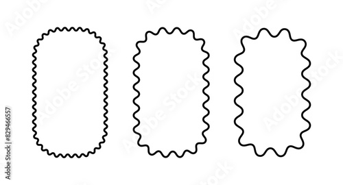 Line wave curve edge frame. Wavy scalloped rectangle borders. Doodle drawn rectangle picture frame. Empty oval text box. Funky zigzag design element. Vector illustration isolated on white background.