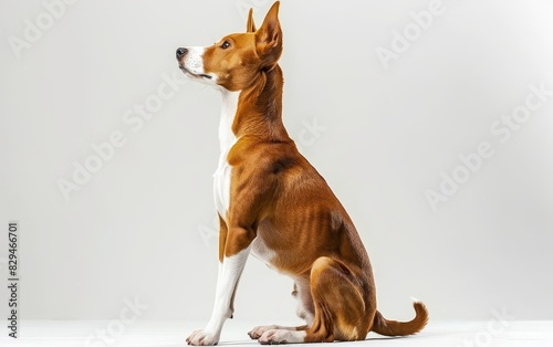 An inquisitive Basenji dog tilts its head, its expression full of curiosity.