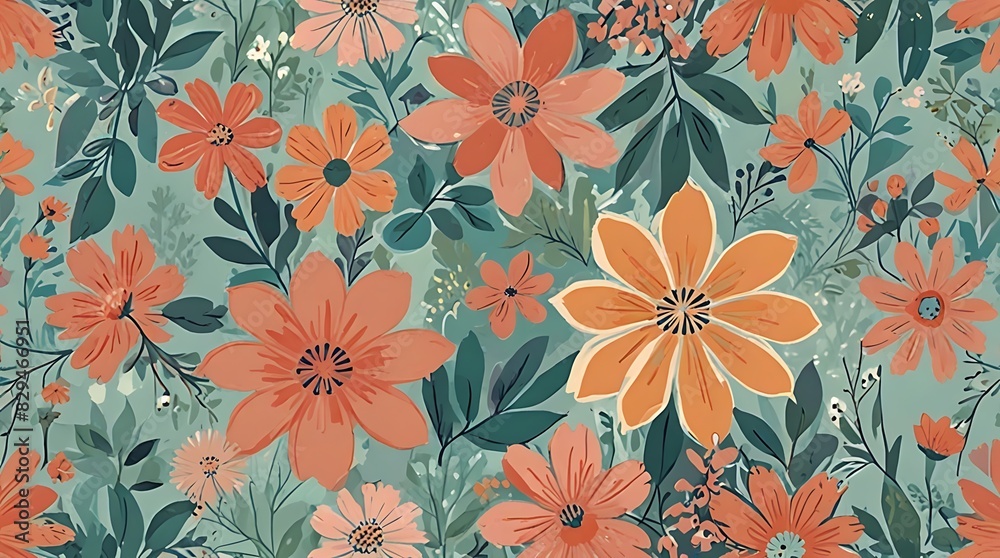 floral pattern with peach, orange, floral pattern with peach, orange,
