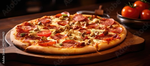 A delicious pizza sits on a table in a restaurant ready to be enjoyed The table offers ample space for the pizza making it a tempting sight