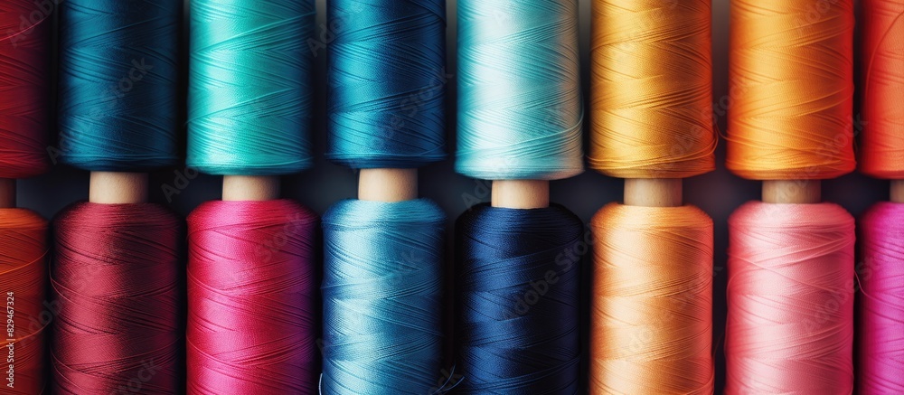 Copy space image of vibrant sewing threads on a gray fabric background offering ample room for text Copy space image of vibrant sewing threads on a gray fabric background offering ample room for text