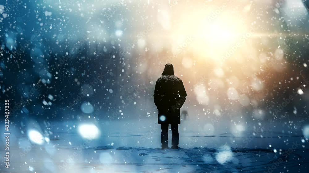 A Scene of a man standing at winter, animated illustration motion video repeating 4k A Scene of a man standing at winter, animated illustration motion video repeating 4k