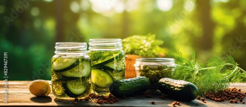 Closeup of fresh cucumbers and other ingredients prepared for canning on a wooden table Ample space available for text in the image