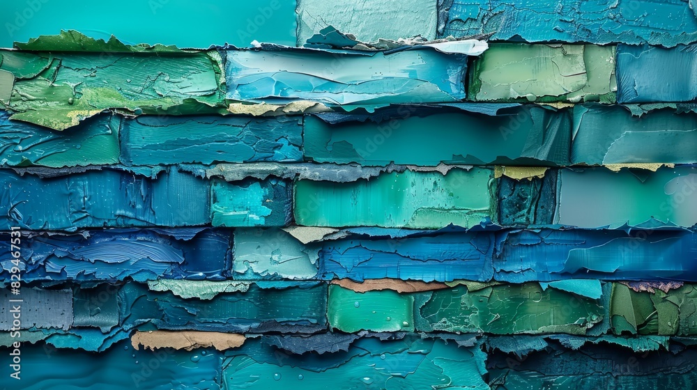 A close-up of a wall divided by blue and green paint; lower half peels, chipped A close-up of a wall divided by blue and green paint; lower half peels, chipped