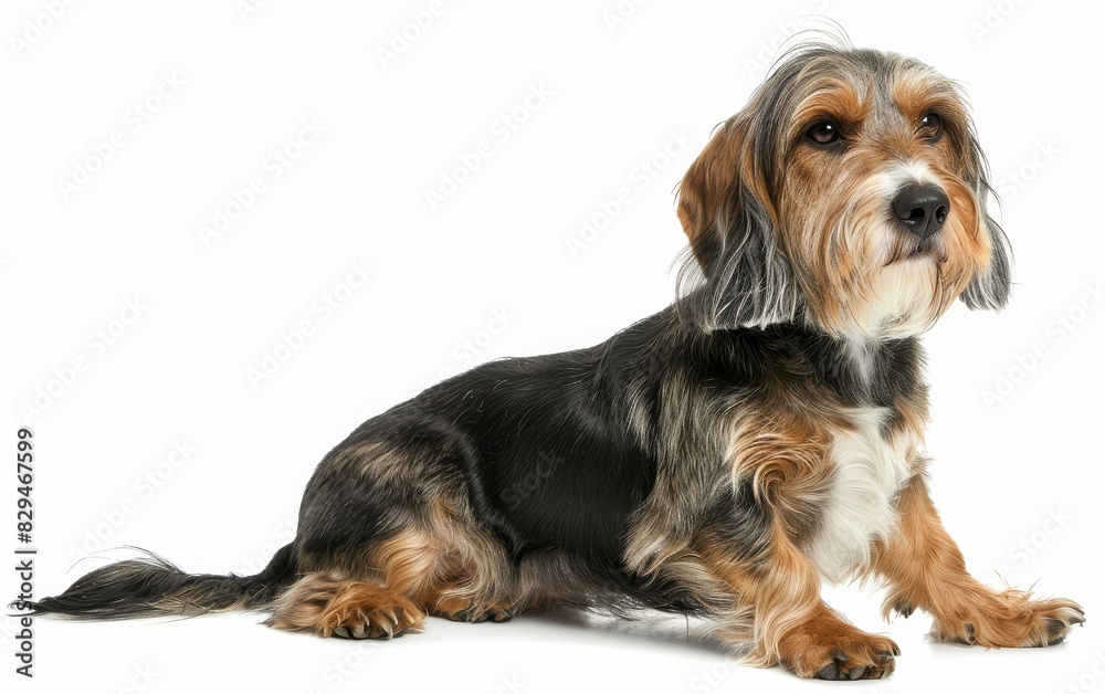 A serene Basset Griffon Vendeen sits calmly, its soft gaze and poised demeanor against a white background reflecting a gentle temperament. The dog's lush, golden fur is beautifully groomed.