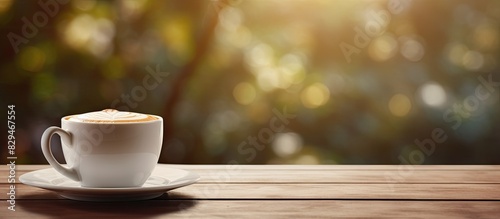 A white coffee cup with a copy space image sits on a brown glossy surface complemented by a blurred natural background The coffee is served with a touch of sweet cream