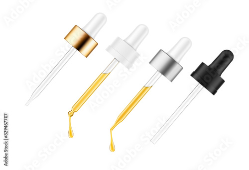 Pipette mockups for dropper bottle isolated on white background. Vector illustration. Front view. Сan be used for cosmetic, medical and other needs. EPS10.