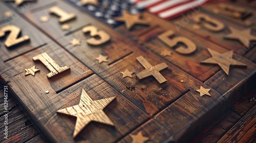 Three-dimensional rendering of a wooden calendar marked with July 4, featuring American symbols such as the flag and stars, representing Independence Day and its historical importance