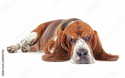 Seated attentively  this watchful Basset Hound s sharp gaze and tricolor coat stand out on the pristine white background.