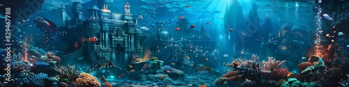 Illustrate an underwater city built within a vibrant coral reef, home to merfolk and other aquatic beings game art photo