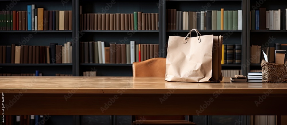 A copy space image of books paper bags and a black desk is accompanied by a backdrop of the library A copy space image of books paper bags and a black desk is accompanied by a backdrop of the library