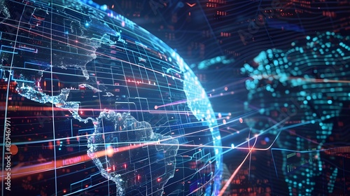 Visual representation of a global network hub with an America-centric digital world globe, emphasizing cyber technology and international connectivity
