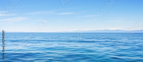 A serene ocean with a clear blue sky as a backdrop providing ample copy space for images