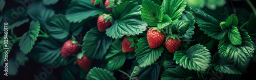 Strawberry plant with berries growing, banner background