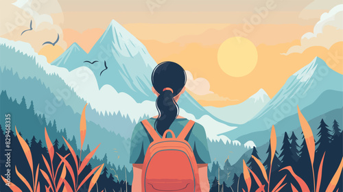 Woman admiring mountain landscape background view. Freedom