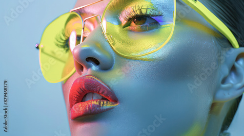High Fashion model woman in colorful bright lights posing in studio.Generative AI