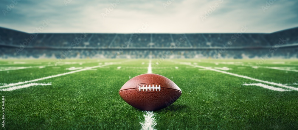 The copy space image shows the yard line on an American football field representing the excitement of the big game The copy space image shows the yard line on an American football field representing the excitement of the big game