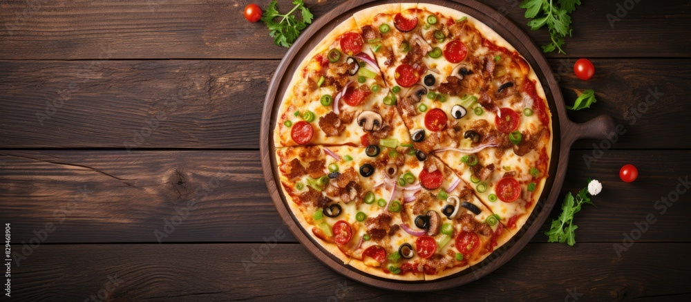 Italian traditional dish of pizza topped with cheese and a variety of vegetables captured from a top down perspective with ample space for copy on a white wooden background