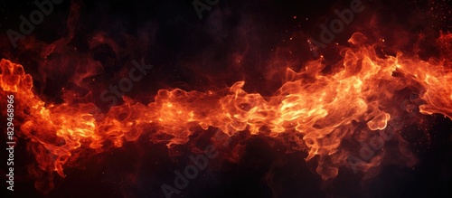 A copy space image of blazing flames against a black backdrop with red hot sparks ascending and fiery orange particles flying