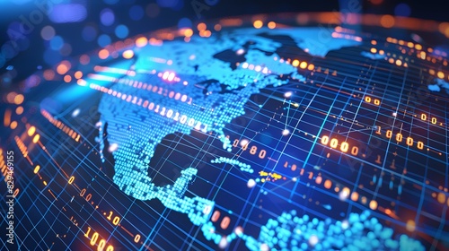 Digital world globe centered on America, symbolizing global network hubs, rapid data transfer, and cutting-edge cyber technology photo