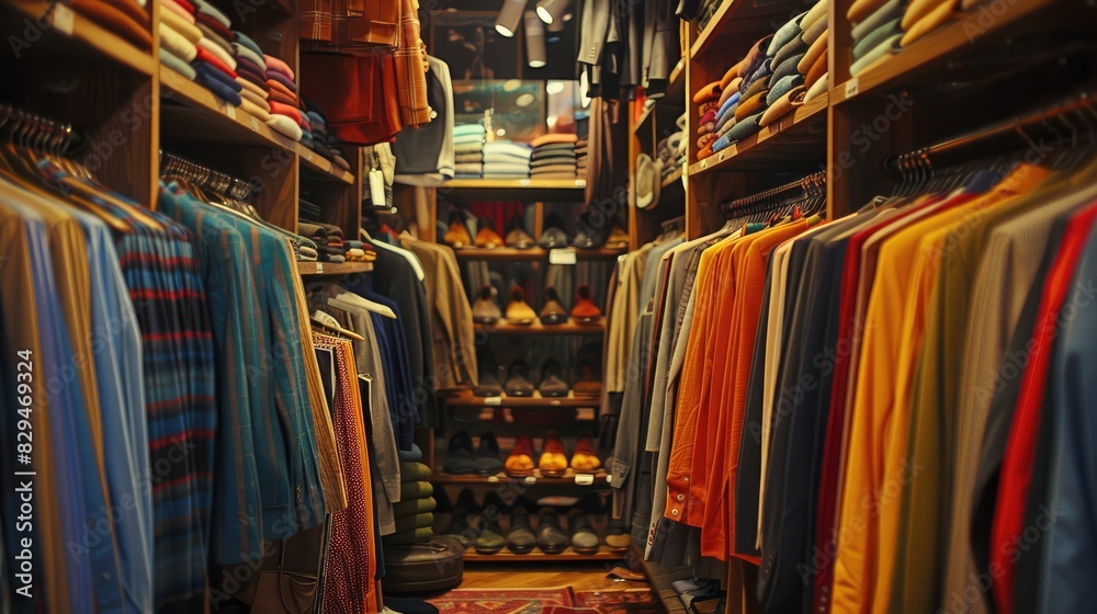 Store selling garments clothing displayed neatly on shelves