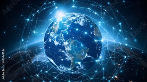 Digital world globe centered on America, symbolizing global network hubs, rapid data transfer, and cutting-edge cyber technology