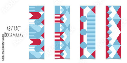 Rectangular bookmarks set with abstract colorful geometric decorative elements.Bookmarks prints templates for reading. Minimalistic design. Blue and red texture. Isolated on white background.