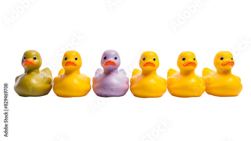 A lineup of rubber ducks arranged in a row, sitting side by side in a straight line © momina