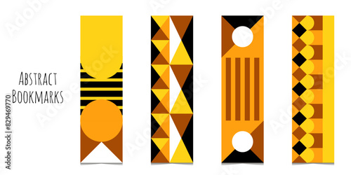 Rectangular bookmarks set with colorful geometric decorative elements. Bookmarks prints templates for reading. Minimalistic design.Yellow geometric elements. Isolated on white background.