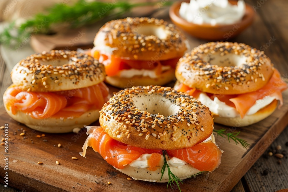 Close-up of various fresh delicious bagels. Beautiful simple AI generated image in 4K, unique.